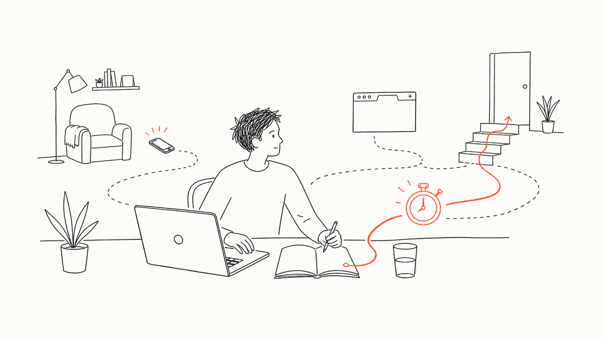 Line illustration of a person beginning work after moving the phone farther away and making one small start visible.