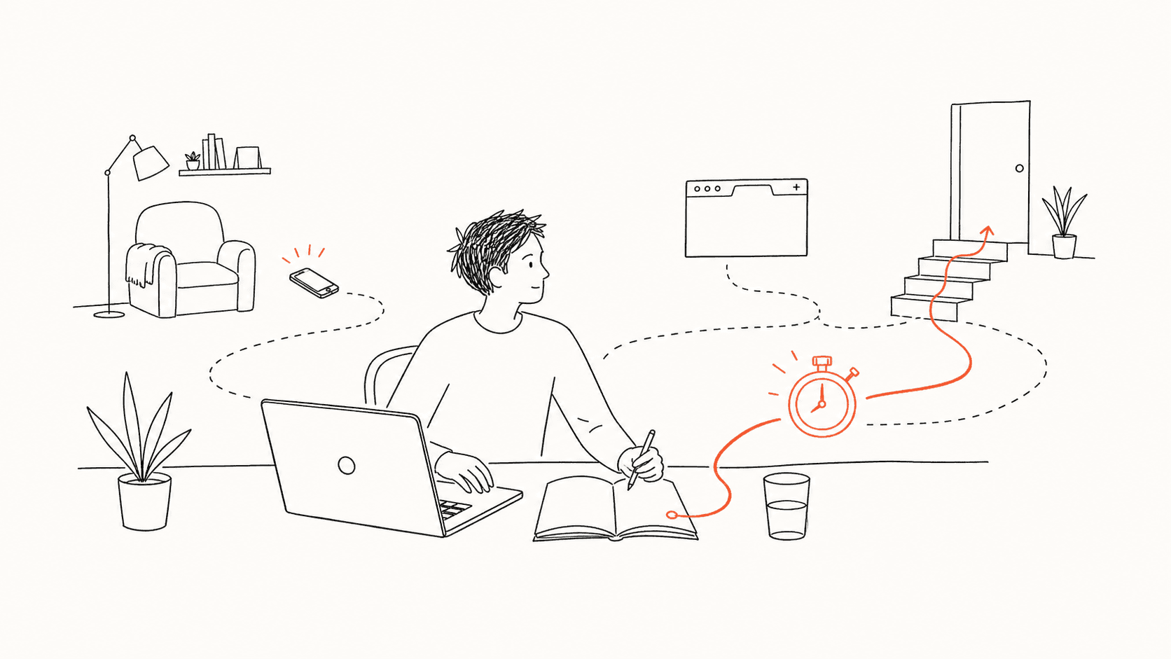Line illustration of a person beginning work after moving the phone farther away and making one small start visible.