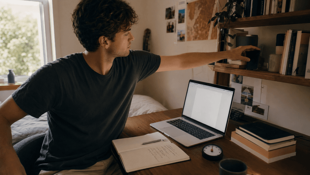 Person moving a phone away from a desk before starting a focused work block.