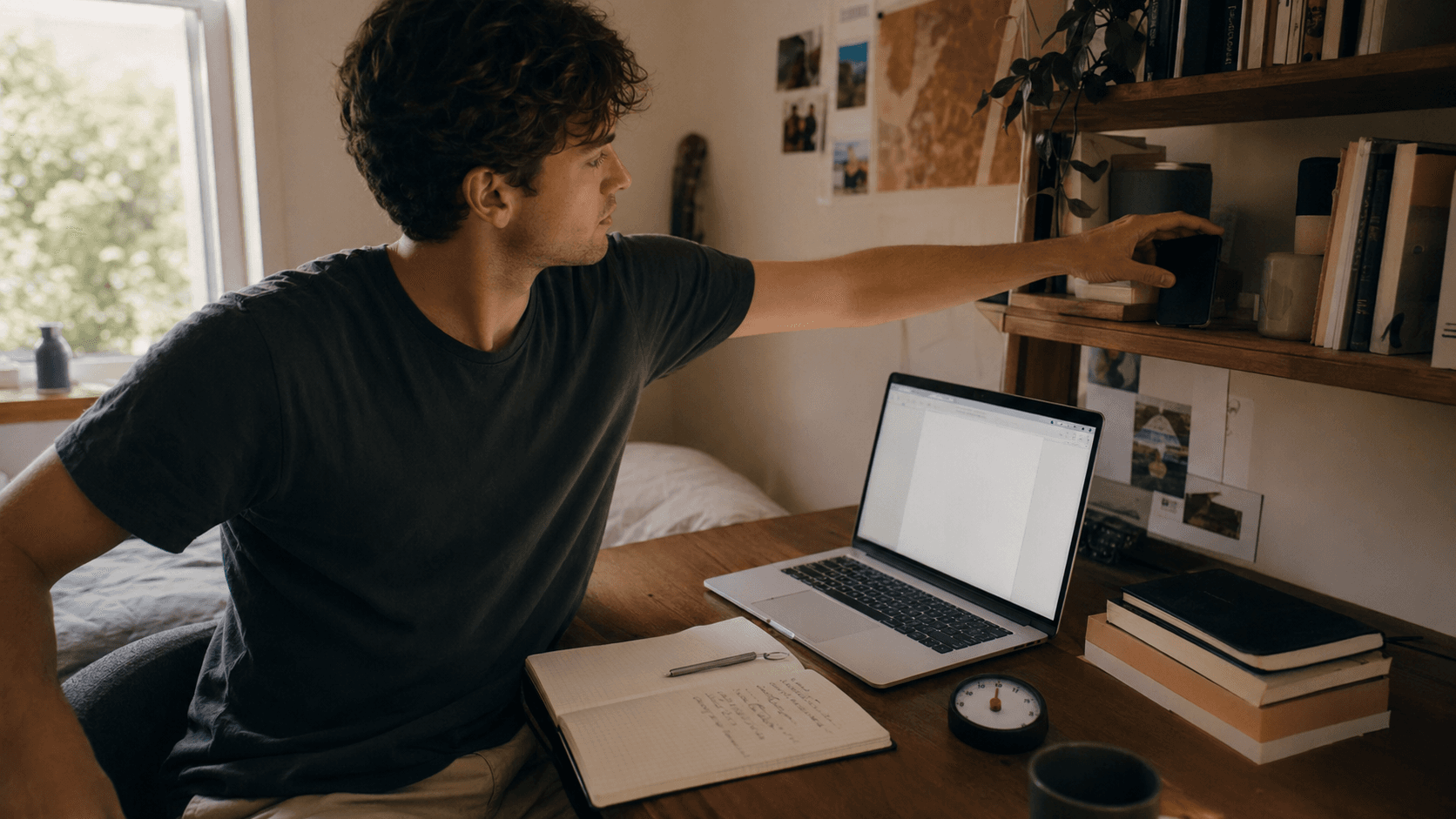Realistic scene of a person moving a phone away from a desk before working.