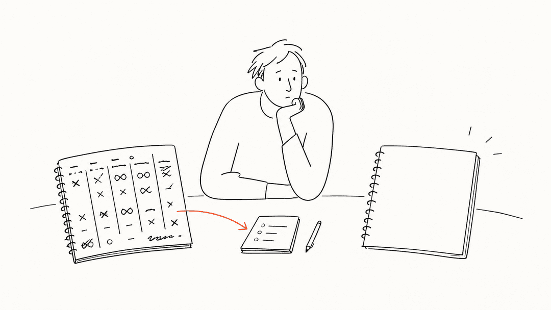 Line illustration of a messy weekly record beside a clean reset page, with the useful path pointing to one adjustment.