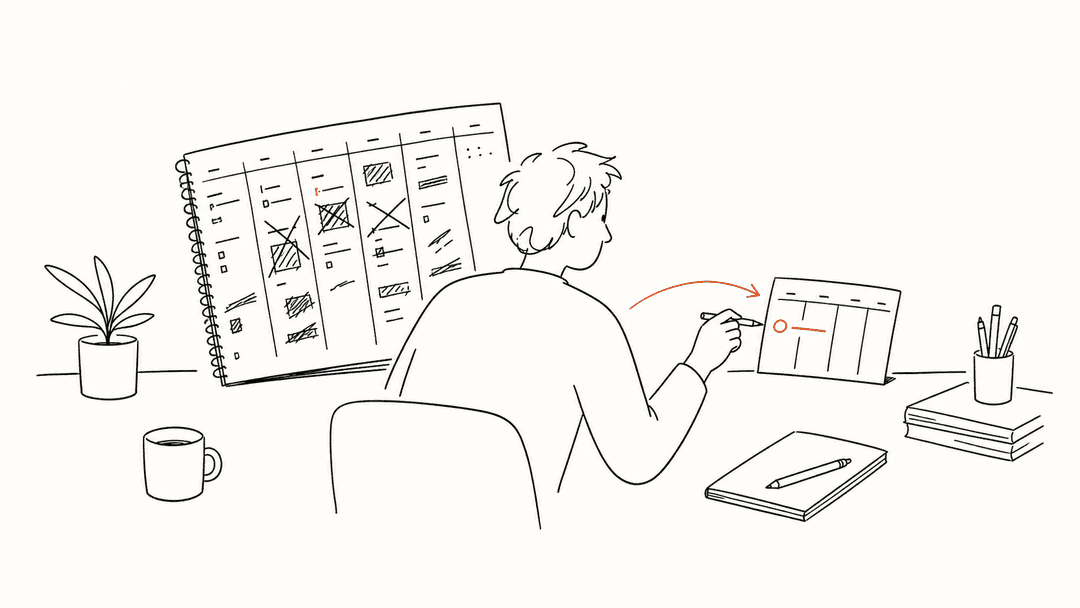 Line illustration of a messy weekly record beside a clean reset page, with the useful path pointing to one adjustment.