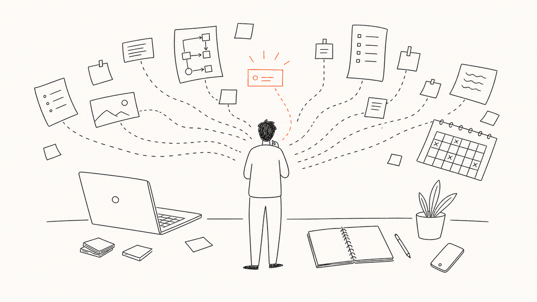 Line illustration showing task paralysis as too many possible first steps.