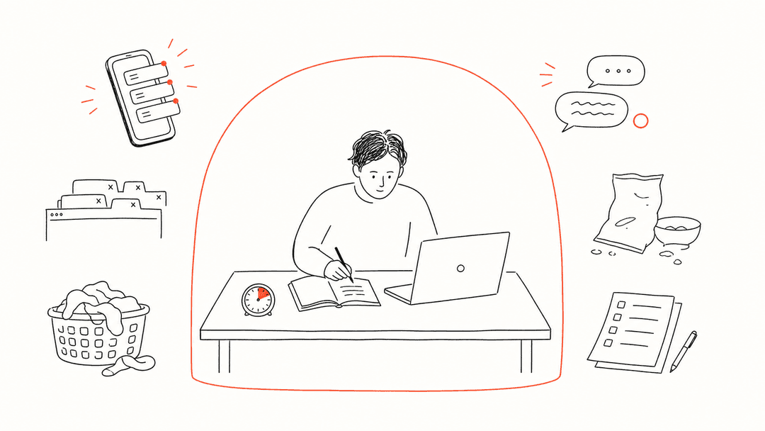 Line illustration of a work session protected from phone notifications, tabs, messages, and other exits.