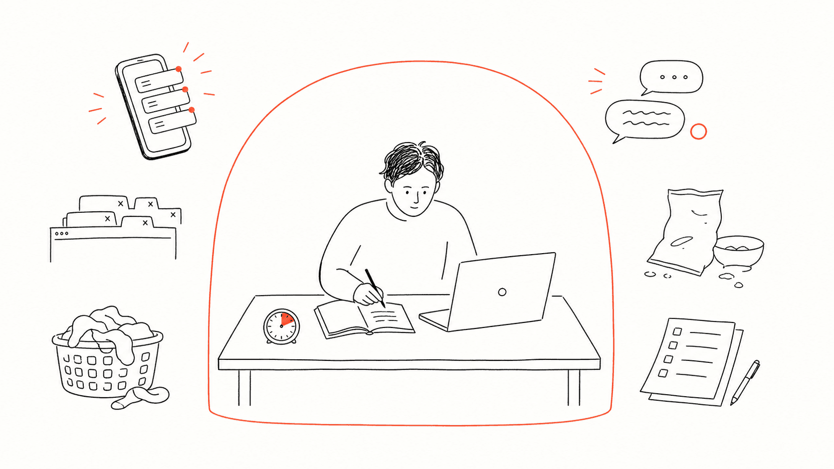 Line illustration of a person working inside a protected boundary while distractions stay outside.