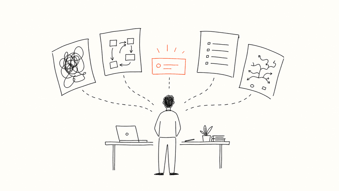 Line illustration showing task paralysis as too many possible first steps.
