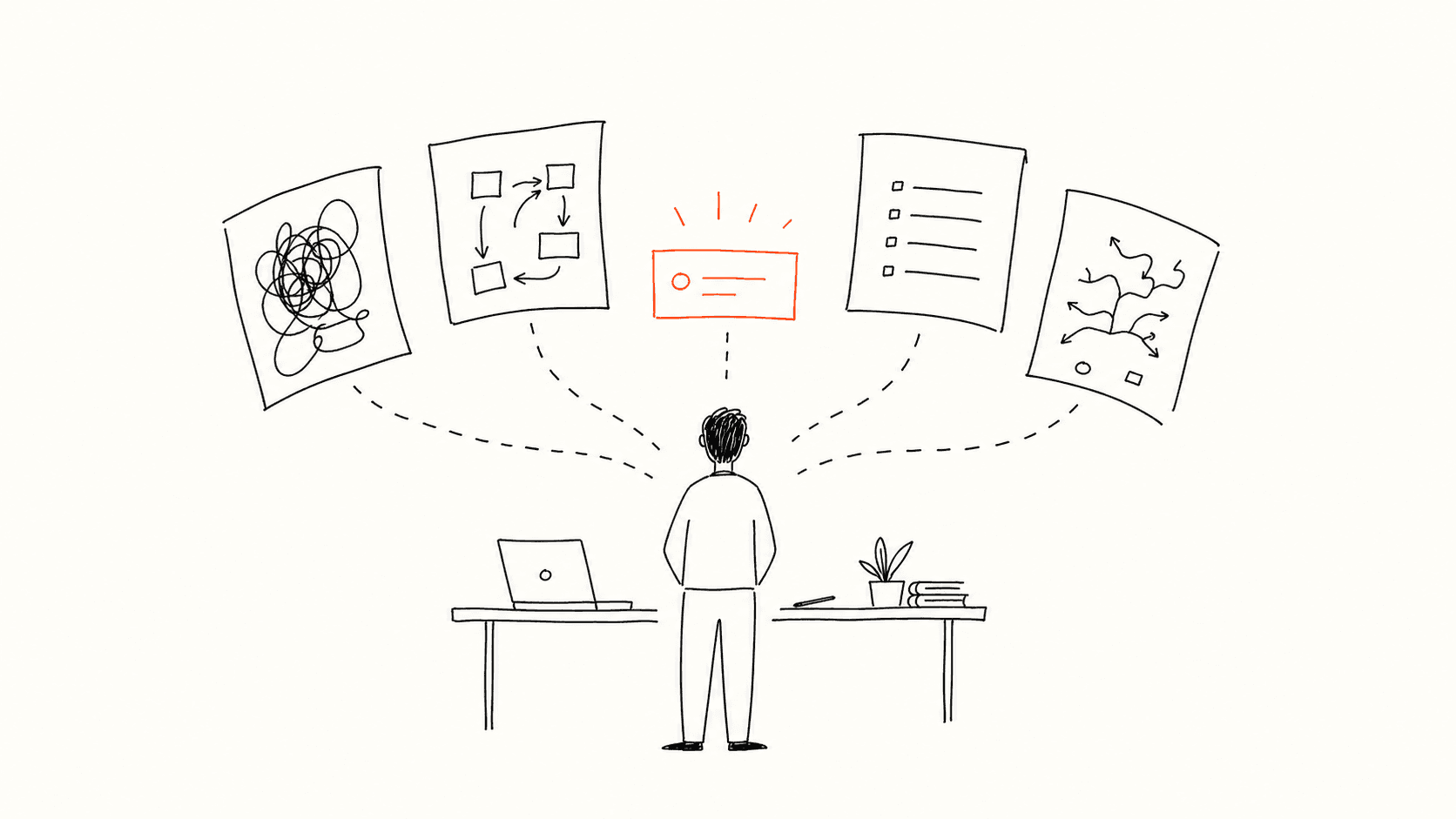 Line illustration of a person facing too many possible task starts, with one small first step highlighted.