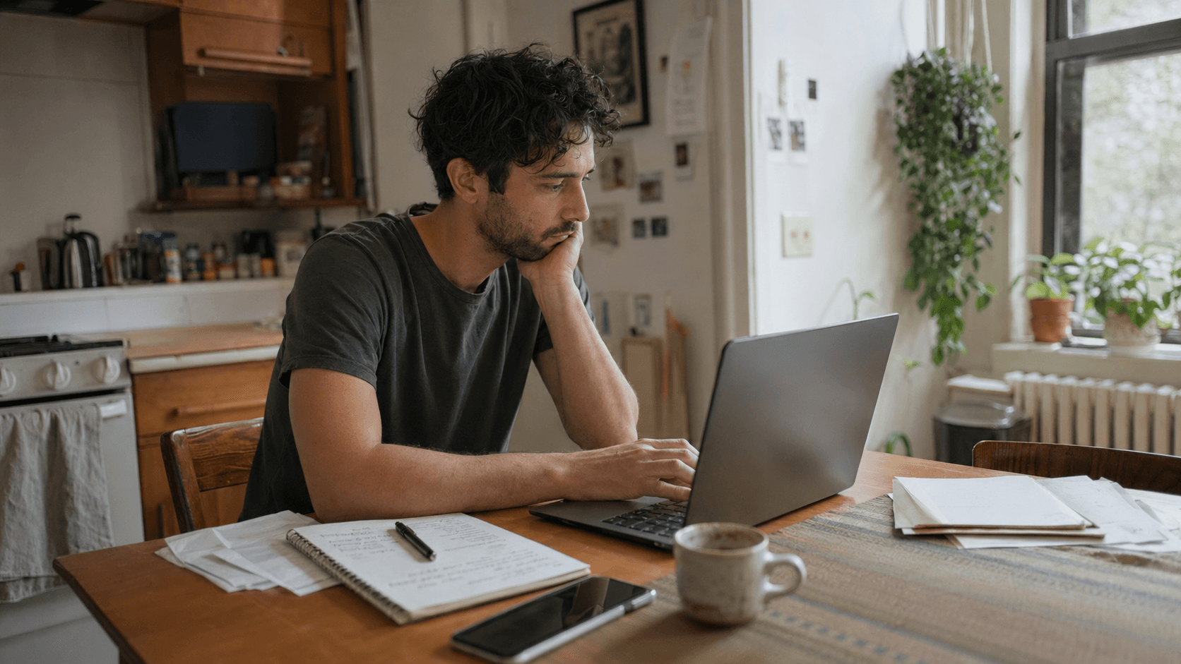 Person sitting at a kitchen table with a laptop open and a phone nearby, hesitating before starting work.