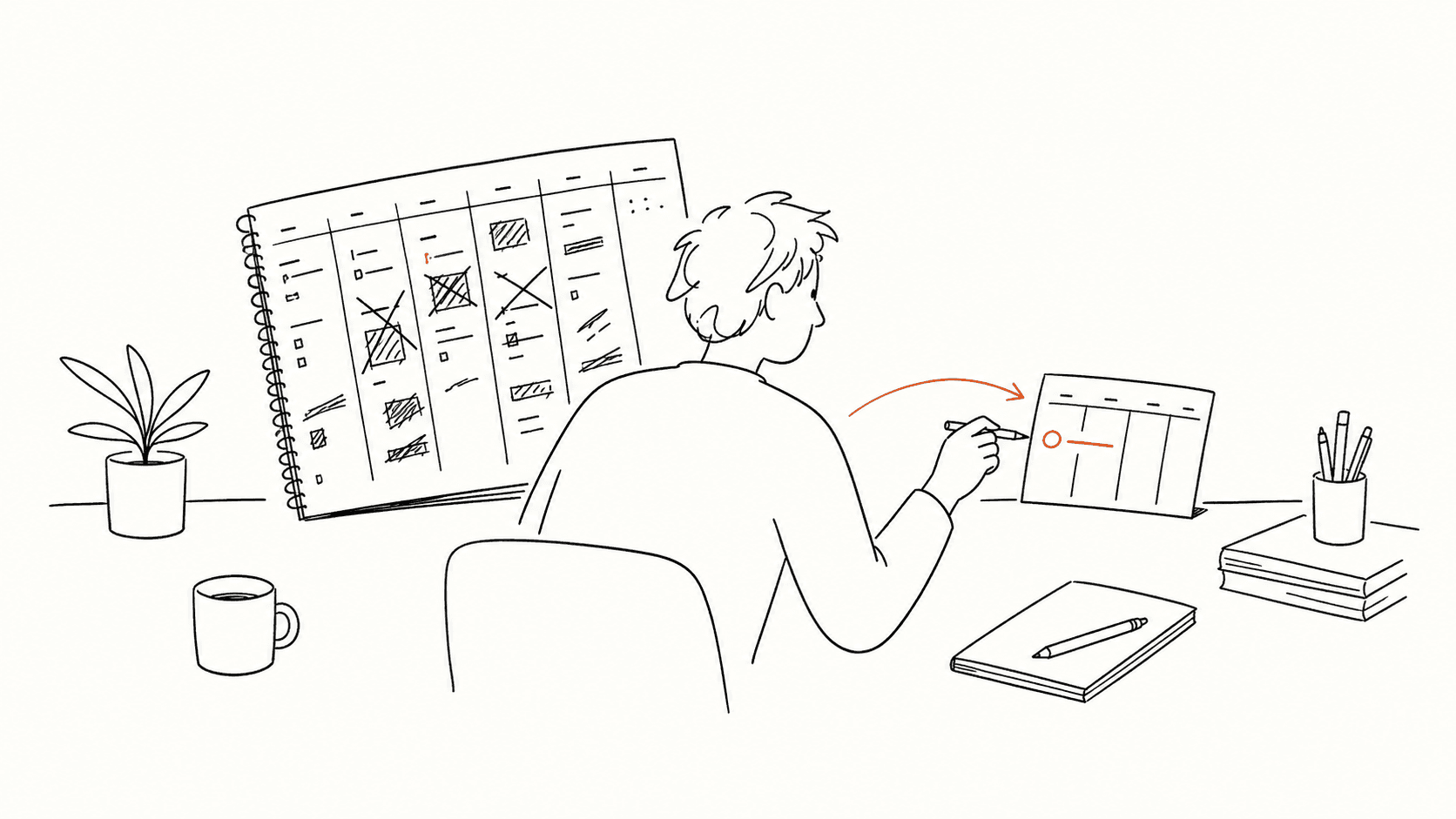 Line illustration of a messy weekly record turning into one small next adjustment.