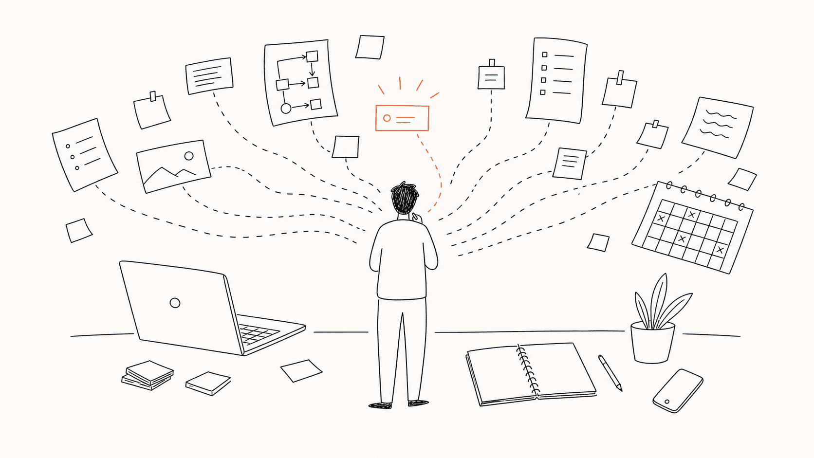 Line illustration of a person facing too many possible task starts, with one small first step highlighted.