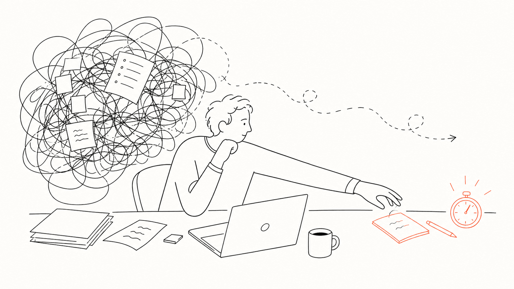 Line illustration of a person reducing a tangled project into one small first action.